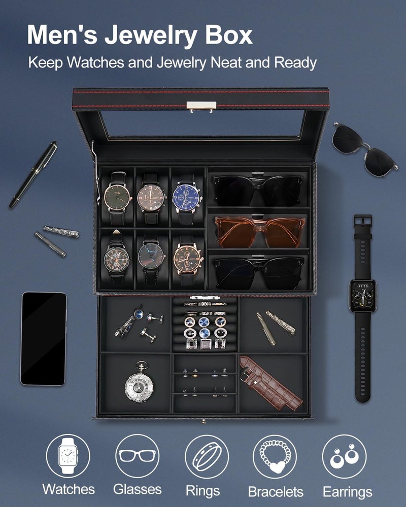 Jenseits Watch Box for Mens Jewelry Box, 6 Slot Watch Case & 3 Slot Sunglasses Organizer, Lockable PU Leather Jewelry Organizer Watch Display Storage W/Drawer For Rings Bracelets, Gift for Men Women - Image 3